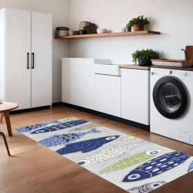 8' Light Blue Hand Hooked Oversized Sea Of Fish Indoor Runner Rug