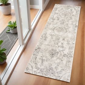 7' Runner Gray Floral Distressed Runner Rug