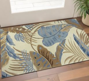 2' X 4' Ivory and Blue Wool Tropical Botanical Hand Tufted Area Rug