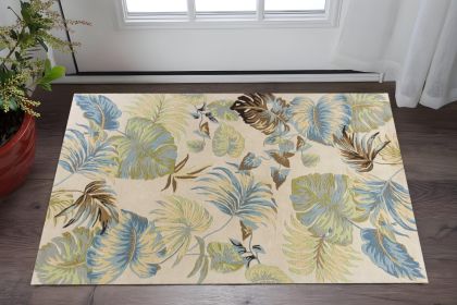3' X 4' Ivory Blue Hand Tufted Tropical Leaves Indoor Area Rug