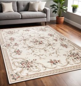 5' X 8' Ivory Bordered Floral Indoor Area Rug