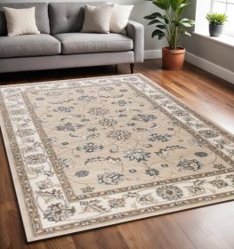 5' X 8' Beige Ivory Bordered Floral Indoor Area Rug