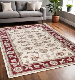 5' X 8' Ivory Red Bordered Floral Indoor Area Rug