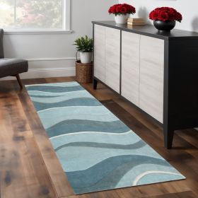 8' Ocean Blue Teal Hand Tufted Abstract Waves Indoor Runner Rug