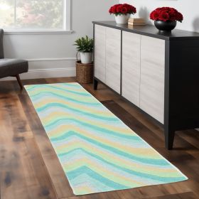 8' Ocean Blue Beige Hand Tufted Abstract Waves Indoor Runner Rug