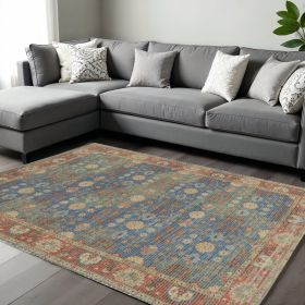 7' X 9' Blue and Red Floral Medallion Hand Woven Area Rug