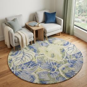 6' Blue Green Hand Tufted Tropical Leaves Round Indoor Area Rug