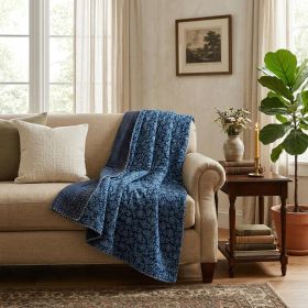 50" X 70" Blue Kantha Cotton Floral Throw Blanket with Embroidery