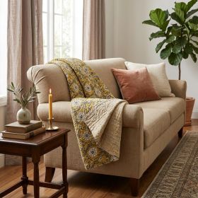 50" X 70" Yellow and Gray Kantha Cotton Floral Throw Blanket