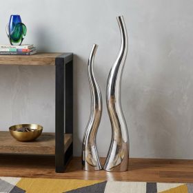 Set of Two Aluminum Silver Wavy Floor Vases