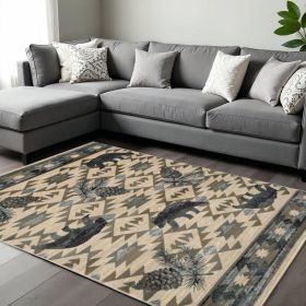 8' X 10' Ivory Blue Machine Woven Geometric Lodge Indoor Area Rug
