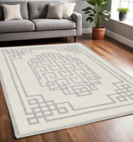 5' X 7' Ivory Grey Hand Tufted Bordered Greek Key Indoor Area Rug