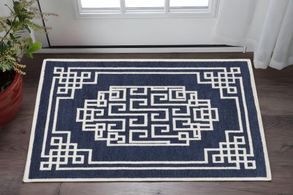 3' X 5' Navy Blue Ivory Hand Tufted Greek Key Medallion Indoor Area Rug