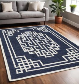 5' X 7' Navy Blue Ivory Hand Tufted Bordered Greek Key Indoor Area Rug