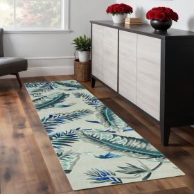8' Grey Blue Hand Tufted Tropical Leaves Indoor Runner Rug