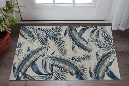 3' X 4' Grey Blue Hand Tufted Tropical Leaves Indoor Area Rug