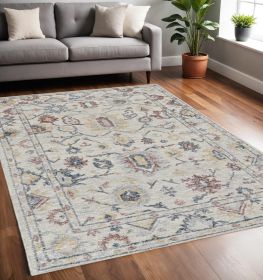 5' X 7' Ivory Floral Bordered Wool Indoor Area Rug