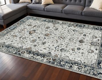7' Ivory Grey Machine Woven Floral Traditional Indoor Runner Rug