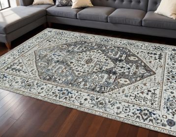 7' Grey Machine Woven Diamond Floral Medallion Indoor Runner Rug