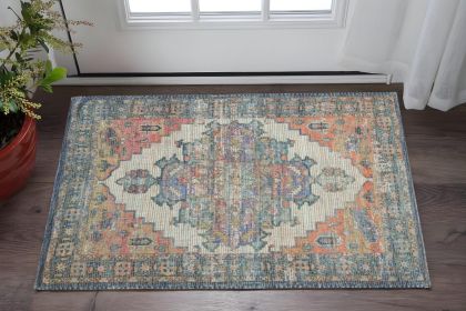2' X 4' Blue and Ivory Medallion Hand Woven Distressed Area Rug