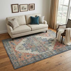 5' X 7' Orange Medallion Hand Woven Distressed Area Rug