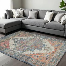 7' X 12' Blue Orange Hand Woven Traditional Medallion Indoor Area Rug