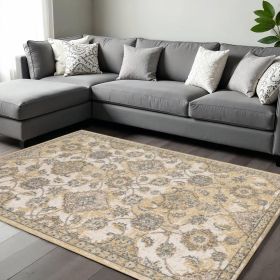 8' X 11' Ivory Sand Machine Woven Bordered Floral Vines Indoor Area Rug