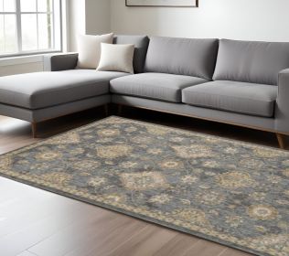 8' X 11' Slate Grey Machine Woven Bordered Floral Vines Indoor Area Rug