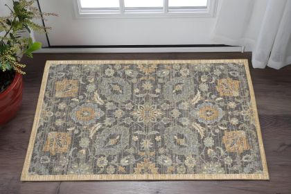3' X 5' Taupe Floral Vine Bordered Wool Indoor Area Rug