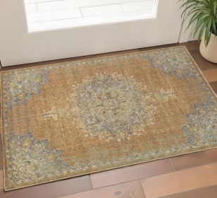 3' X 5' Coffee Brown Machine Woven Floral Medallion Indoor Area Rug