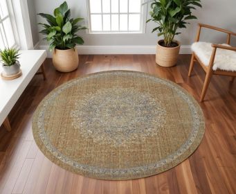 9' Coffee Brown Machine Woven Floral Medallion Round Indoor Area Rug