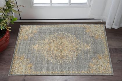 3' X 5' Slate Grey Medallion Bordered Wool Indoor Area Rug
