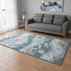 5' X 8' Seafoam Green Hand Hooked Sea Shells Indoor Area Rug
