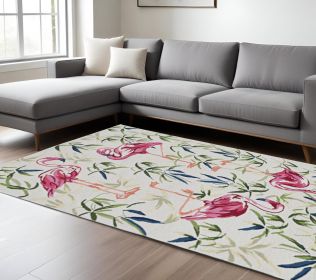 8' X 10' Ivory Pink Hand Hooked Flamingo Indoor Area Rug