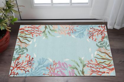 2' X 4' Blue Hand Hooked Bordered Coral Reef Indoor Accent Rug