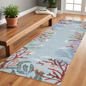 8' Blue Hand Hooked Bordered Coral Reef Indoor Runner Rug
