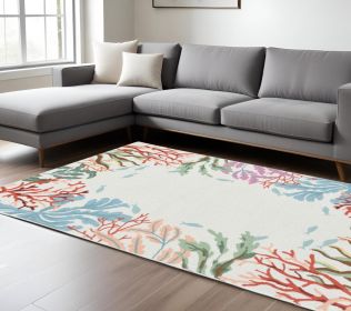8' X 10' Ivory Hand Hooked Bordered Coral Reef Indoor Area Rug