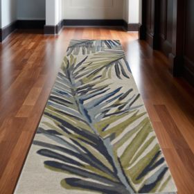 10' Ivory Blue Hand Tufted Tropical Palms Indoor Runner Rug