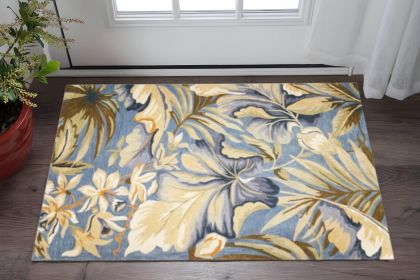 3' X 5' Blue Tropical Leaves Wool Indoor Area Rug
