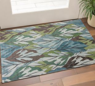 3' X 5' Blue and Green Botanical Leaves Area Rug