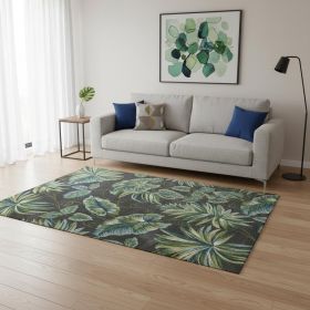 5' X 8' Grey Teal Machine Woven Tropical Indoor Area Rug