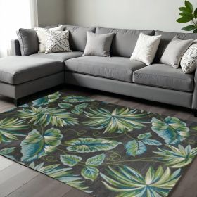 10' X 13' Grey Machine Woven Tropical Leaves Indoor Area Rug