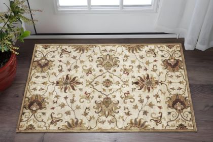 3' X 5' Champagne Beige Hand Tufted Wool Traditional Floral Indoor Area Rug