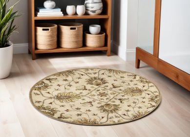 5' Round Champagne Floral Vine Wool Indoor Area Rug