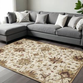 9' X 13' Beige Blue and Ivory Wool Floral Vines Hand Tufted Area Rug