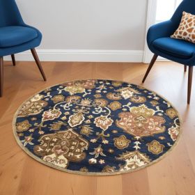 6' Navy Blue Round Wool Medallion Hand Tufted Area Rug