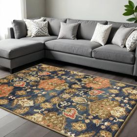 9' X 13' Navy Blue Hand Tufted Floral Indoor Area Rug