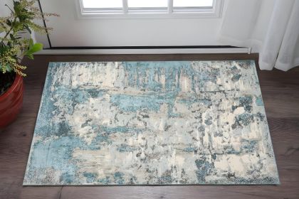3' X 5' Ivory Teal Machine Woven Abstract Indoor Area Rug