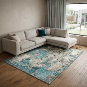 8' X 10' Ivory Teal Machine Woven Abstract Watercolor Indoor Area Rug