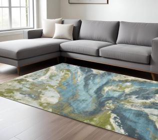 7' X 10' Teal Blue Machine Woven Watercolor Indoor Area Rug